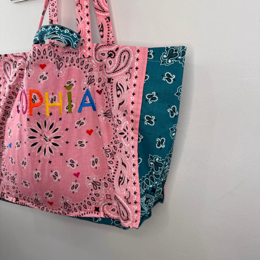 CALL IT BY YOUR NAME Maxi Blue Pink Tote Large Hand-Embroidered Top Handle Bag - Picture 9 of 10